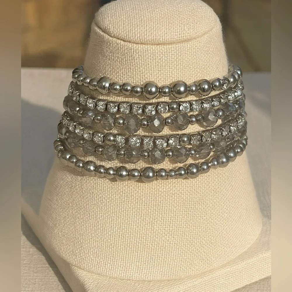 Vintage Y2K Womens Chunky Silver Beaded Rhinestone Slinky Wrap Bracelet Glam 90s